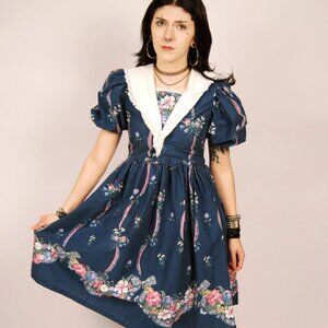 70s Doll House Dress (M) medium navy blue midi vintage floral peter pan collar